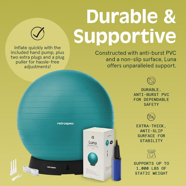 Retrospec Luna Exercise Ball with Pump - Anti-Burst Fitness Equipment for Yoga, Core Training & Stability - Home Gym Swiss Ball for Office & Pregnancy
