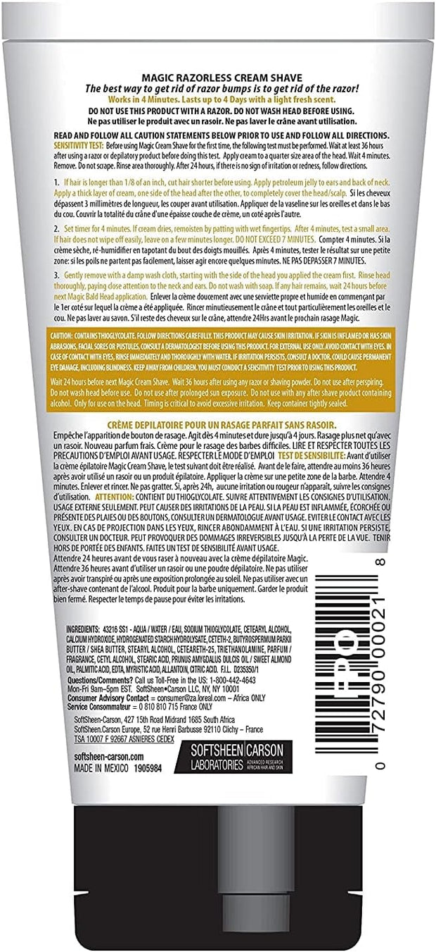 Magic Razorless Cream Shave Bald Head 6 Ounce Tube (177ml) (6 Pack)