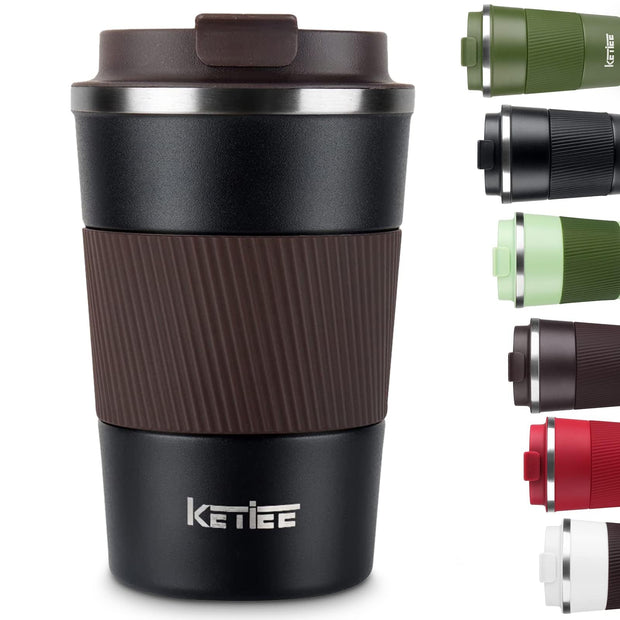 KETIEE Travel Coffee Mug Spill Proof 12oz, Insulated Reusable Coffee Cups with Seal Lid, Vacuum Stainless Steel Travel Mug to Go Car Tumbler for Hot/Ice Drinks (Grey)