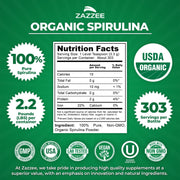Zazzee Organic Spirulina Powder, 2.2 Pounds (1 KG), USDA Certified, 303 Servings, Kosher, 100% Pure, Non-Irradiated, Mess-Free Wide Mouth Container, Fresh Smell and Neutral Taste, Non-GMO, Gluten-Free