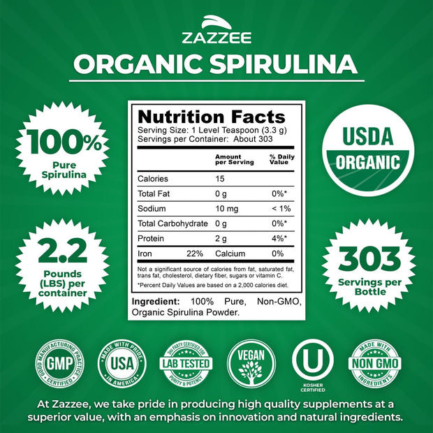 Zazzee Organic Spirulina Powder, 2.2 Pounds (1 KG), USDA Certified, 303 Servings, Kosher, 100% Pure, Non-Irradiated, Mess-Free Wide Mouth Container, Fresh Smell and Neutral Taste, Non-GMO, Gluten-Free