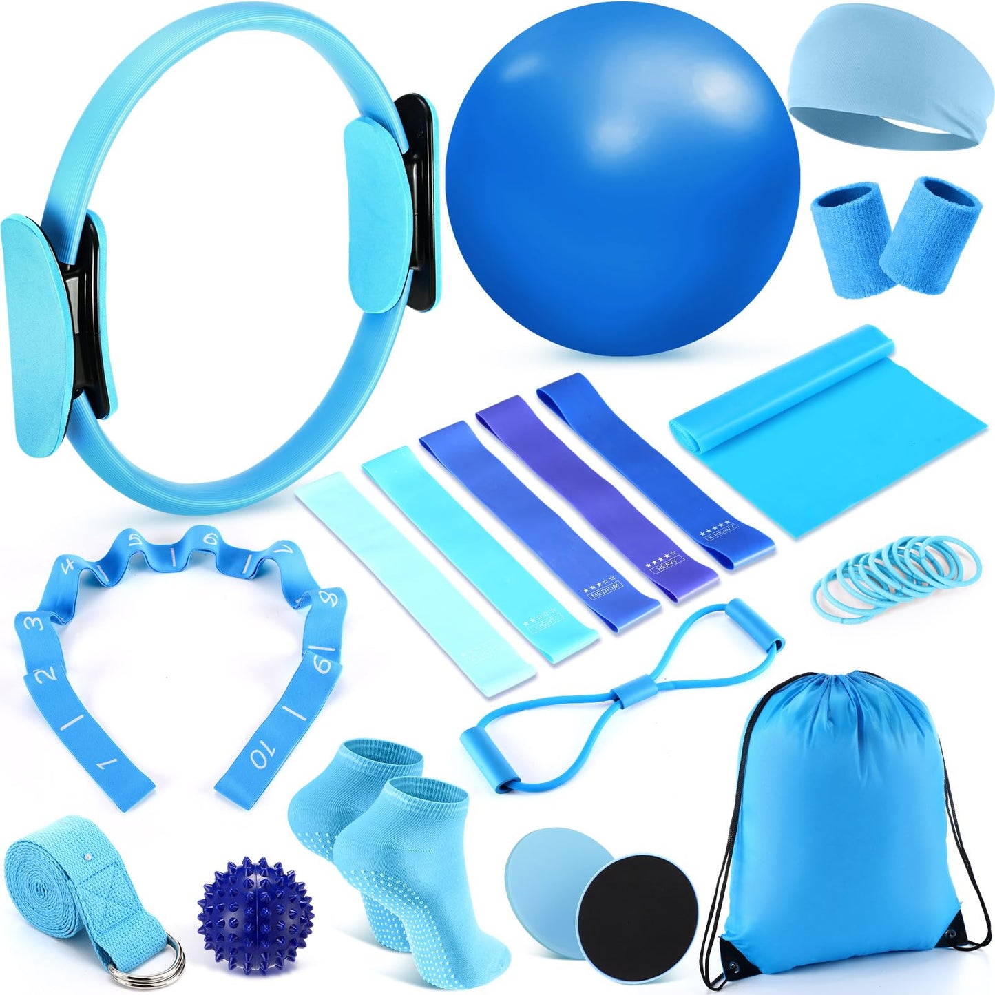 Poen 18 Pcs Pilates Ring Kit Home Pilates Ring Circle and Ball Set for Women Yoga Fitness Set with 5 Resistance Band Stretching Strap Non Slip Sock Ball Core Slider Wristband Headband Gym Bag