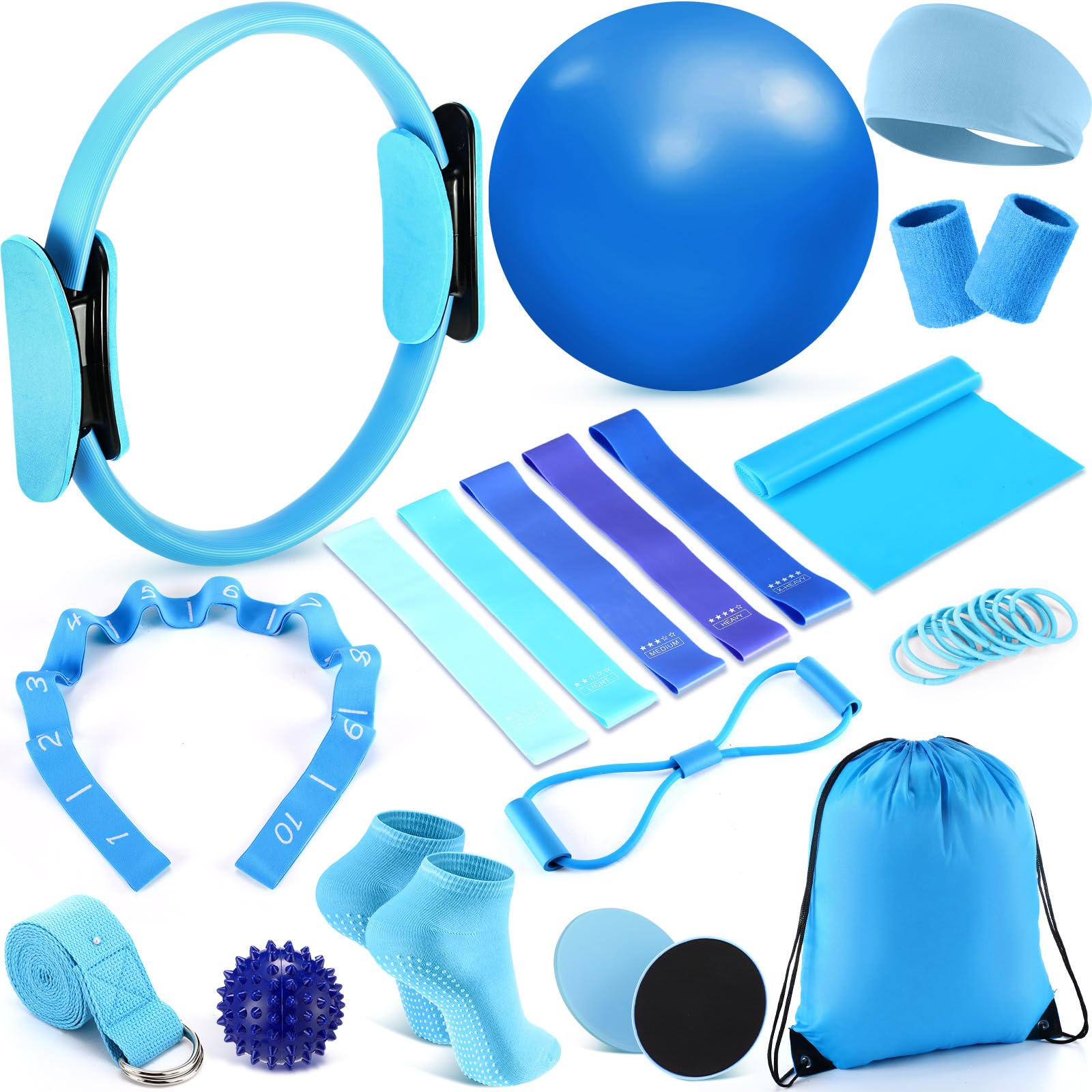 Poen 18 Pcs Pilates Ring Kit Home Pilates Ring Circle and Ball Set for Women Yoga Fitness Set with 5 Resistance Band Stretching Strap Non Slip Sock Ball Core Slider Wristband Headband Gym Bag