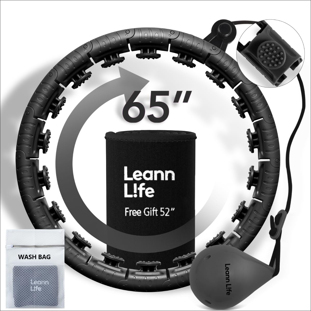 U2 Black-32 Knots 19”- 65”, Detachable & Size Adjustable Weighted Hula Hoop for Kids Adults Weight Loss, Infinity Hoop Plus Size, Abdominal Toner,5 Color Balls, Free Waist Trimmer&Wash Bag
