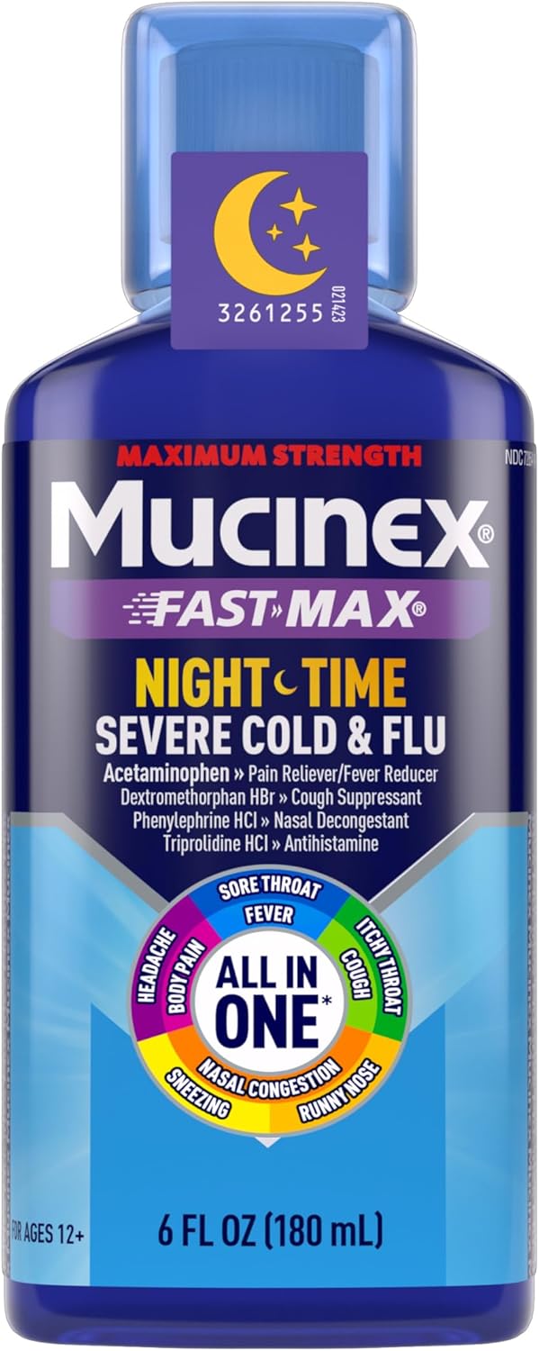 Mucinex Maximum Strength Fast-Max Cold & Flu and Nightshift, All-in-One Multi Symptom Relief Liquid, 6 Fl Oz - 2 Count (Pack of 1)