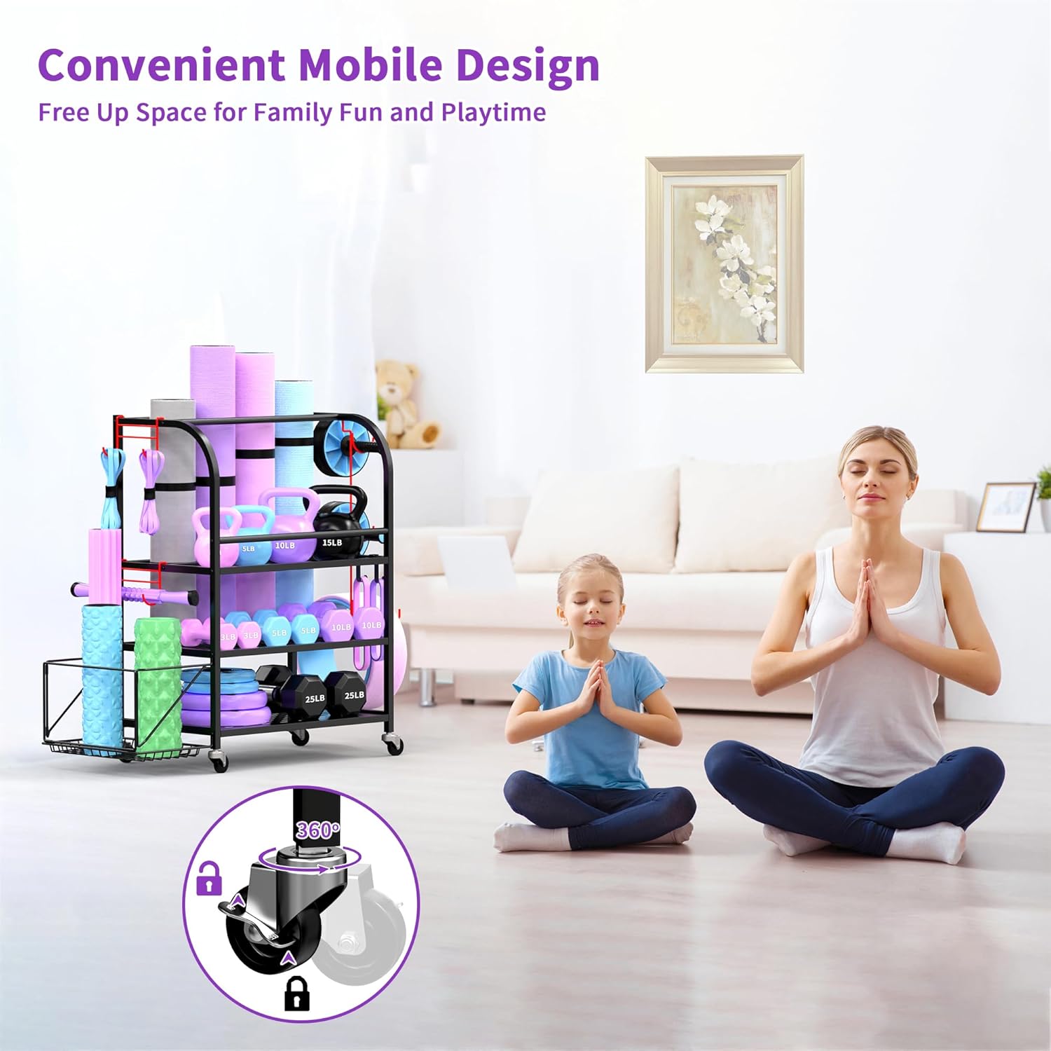 Dumbbell Rack, Weight Rack for Home Gym, 400LBS Metal Home Gym Storage with Lockable Wheels & 4 Adjustable Hooks, Weight Stand for Yoga Mat Storage, Dumbbells, Kettlebell, Foam Roller