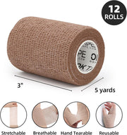 OK TAPE Self Adherent Cohesive Bandages Wrap - 12Packs, 2" x 5 Yards, Non-Woven Self Adhesive Bandage Wrap for Thumb, Finger, Wrist, Ankle, Vet Wrap Bandages Tape (Mixed Colors)