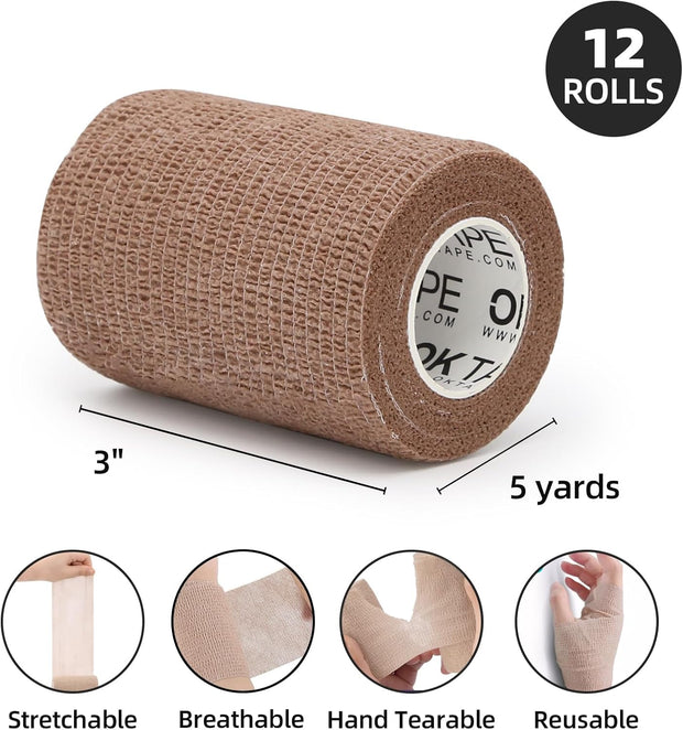 OK TAPE Self Adherent Cohesive Bandages Wrap - 12Packs, 2" x 5 Yards, Non-Woven Self Adhesive Bandage Wrap for Thumb, Finger, Wrist, Ankle, Vet Wrap Bandages Tape (Mixed Colors)