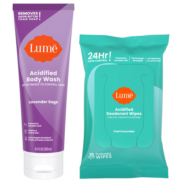 Lume Acidified Body Wash & Flushable Deodorant Wipes - 24 Hour Odor Control - Hydrating Wash - Without SLS or Parabens - OB/GYN Developed - 8.5 Ounce (Unscented) 15 Count Wipes (Cool Cucumber)