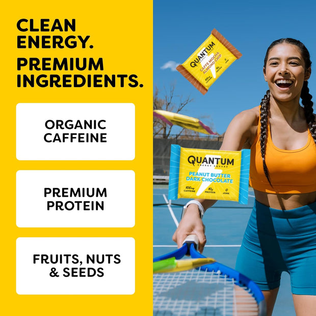 Quantum Energy Square: Energy Bar with Caffeine & 10g Protein. Delicious Healthy Snack On The Go. (Vegan, Gluten-free, Soy-free, Dairy-free) (Variety 12-Pack)