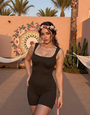 Women's Workout Seamless Romper Yoga Ribbed Bodycon One Piece Square Neck Shorts Jumpsuit