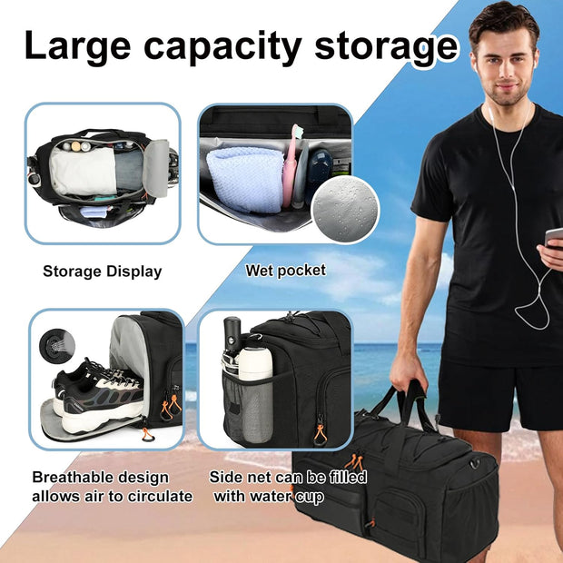 SeaRock Gym Bag for Men & Women, 40L Sports Travel Duffel Bag with Shoe Compartment, 3-In-1 Water Resistant Carry On Weekender Bag for Airplane, Workout Overnight Backpack for Travel, Black