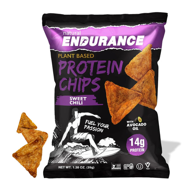 Natural Endurance Protein Chips - Low Carb Chips, High Protein Snack, Vegan Protein with Avocado Oil, 14g Protein Per Bag, Gluten Free, Nacho, BBQ, Chili, Birthday Cake, Original - Variety Pack, 1.38 oz Bags (Pack of 12)