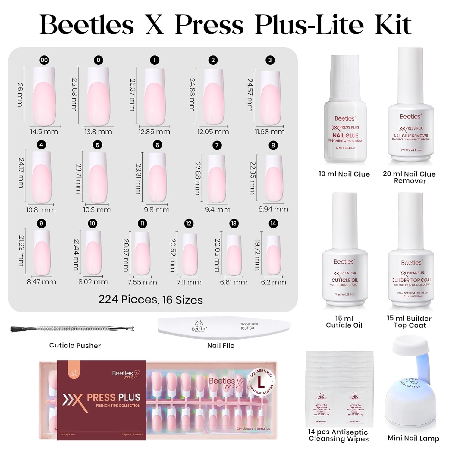 Beetles X Press Gel Nail Kit: Long Square French Tip Press On Nails Kit With 224Pcs Nail Tips Nail Glue & Builder Top Coat Mini UV Light, All-in-One DIY Designs Gift For Women At Home 16 Size