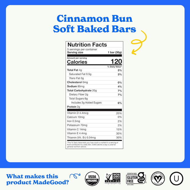 MadeGood Mornings Soft Baked Breakfast Bars, Cinnamon Bun 1.06 Oz (30 Count) Gluten Free Snacks