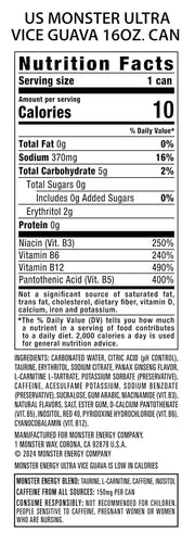 Monster Energy Ultra Vice Guava, Sugar Free Energy Drink, 16 Ounce (Pack of 15)