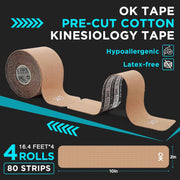 OK TAPE 4 Rolls Kinesiology Tape Precut, Cotton Elastic Athletic Tape Latex Free,20 Strips per Roll 2in x 16ft,Muscle Support,Mixcolor