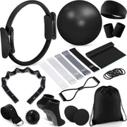 Poen 18 Pcs Pilates Ring Kit Home Pilates Ring Circle and Ball Set for Women Yoga Fitness Set with 5 Resistance Band Stretching Strap Non Slip Sock Ball Core Slider Wristband Headband Gym Bag