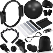 Poen 18 Pcs Pilates Ring Kit Home Pilates Ring Circle and Ball Set for Women Yoga Fitness Set with 5 Resistance Band Stretching Strap Non Slip Sock Ball Core Slider Wristband Headband Gym Bag