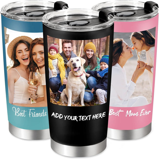 Personalized Coffee Tumbler with Picture Text Logo, Custom 20oz Insulated Stainless Steel Travel Mug with Lids, Personalized Birthday Gifts for Women Men, Custom Coffee Tumbler Cup