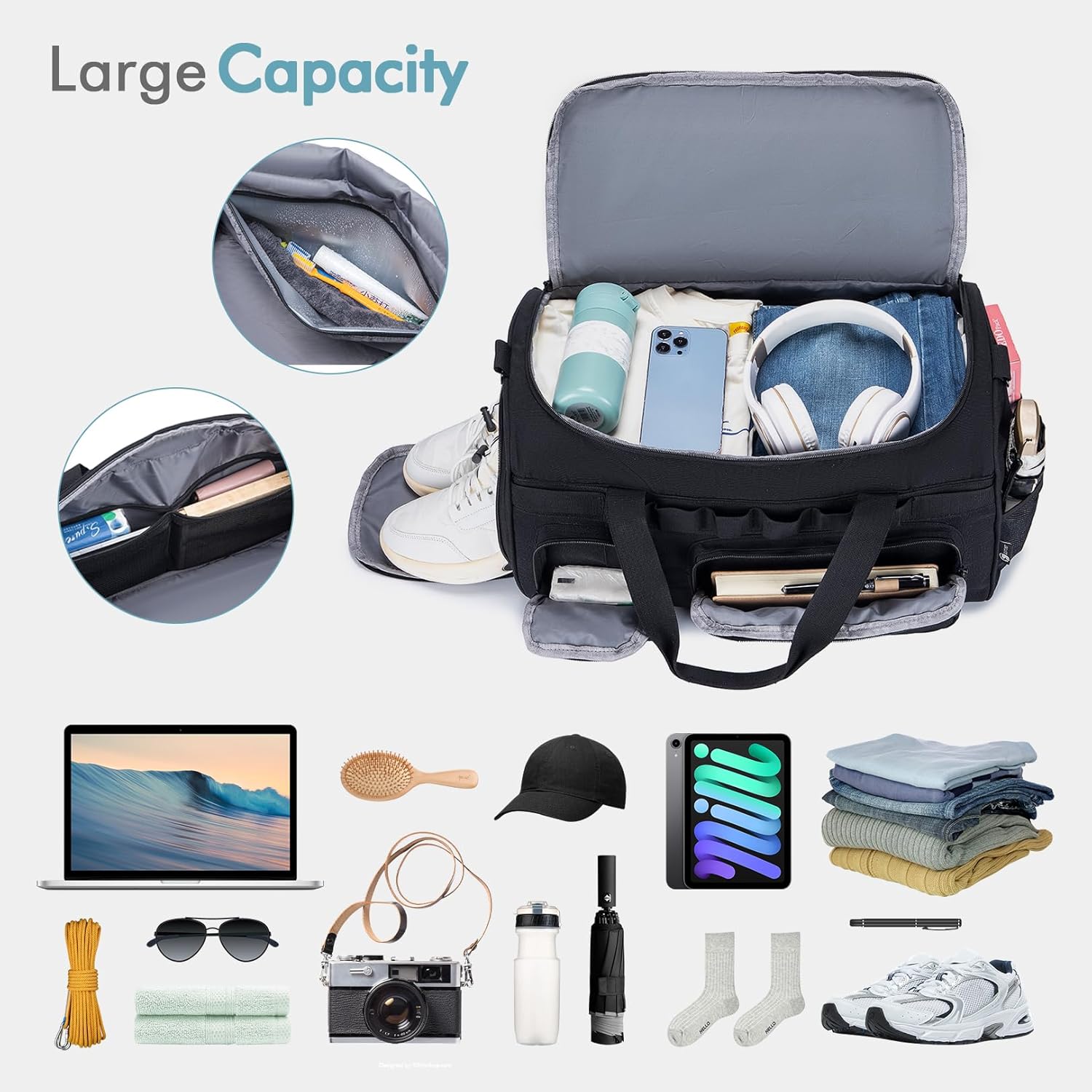 BAGZY 3 In 1 Tactical Military Travel Duffle Bag 40L with Shoe Compartment Gym Bag Backpack for Fitness Weekender Deployment Workout Black