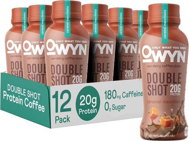 OWYN Only What You Need Double Shot Dairy Free Keto Protein Coffee Shake, Caramel Macchiato, 0g Sugar, 20g Plant Based Protein, 180mg Caffeine, Gluten & Soy Free, Non-GMO, Vegan (12 Pack, 12 Fl Oz)
