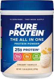 Pure Protein All-In-One Powder, Vanilla - Whey & Collagen, High Fiber, Vitamins, No Added Sugar, Non-GMO, Gluten-Free, 1.25lb