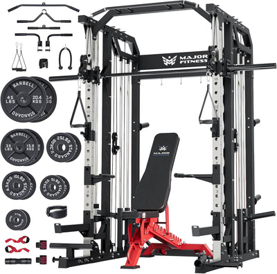 Major Fitness Drone2 Smith△ Machine – All-in-One Home Gym Squat Rack with Weight Bar, Dual LAT Pull-Down Systems & Cable Crossover Machine for Full-Body Workouts