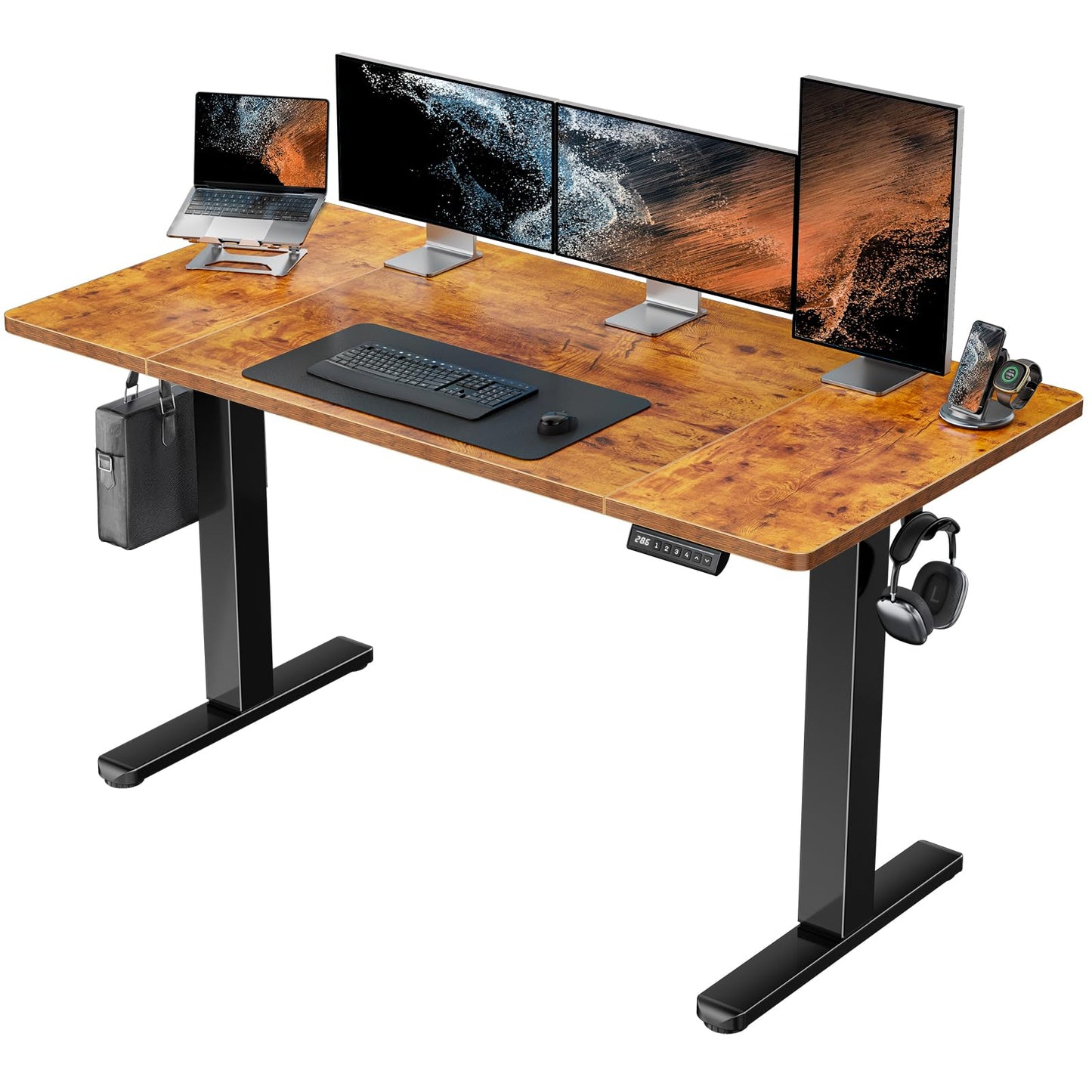 HUANUO 48 x 24 inch Electric Standing Desk, Height Adjustable Table with Headphone Hooks & Cable Manager, Sit to Stand up Desk for Home Office, Vintage Brown