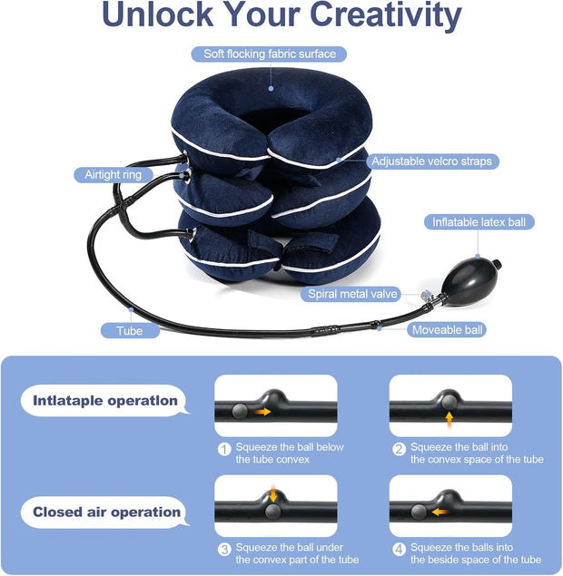 Neck Stretcher for Pain Relief, Adjustable Inflatable Cervical Traction Device, Neck Brace for Home Use, Supports Neck Decompression & Spine Alignment，Gifts for Women (Grey)