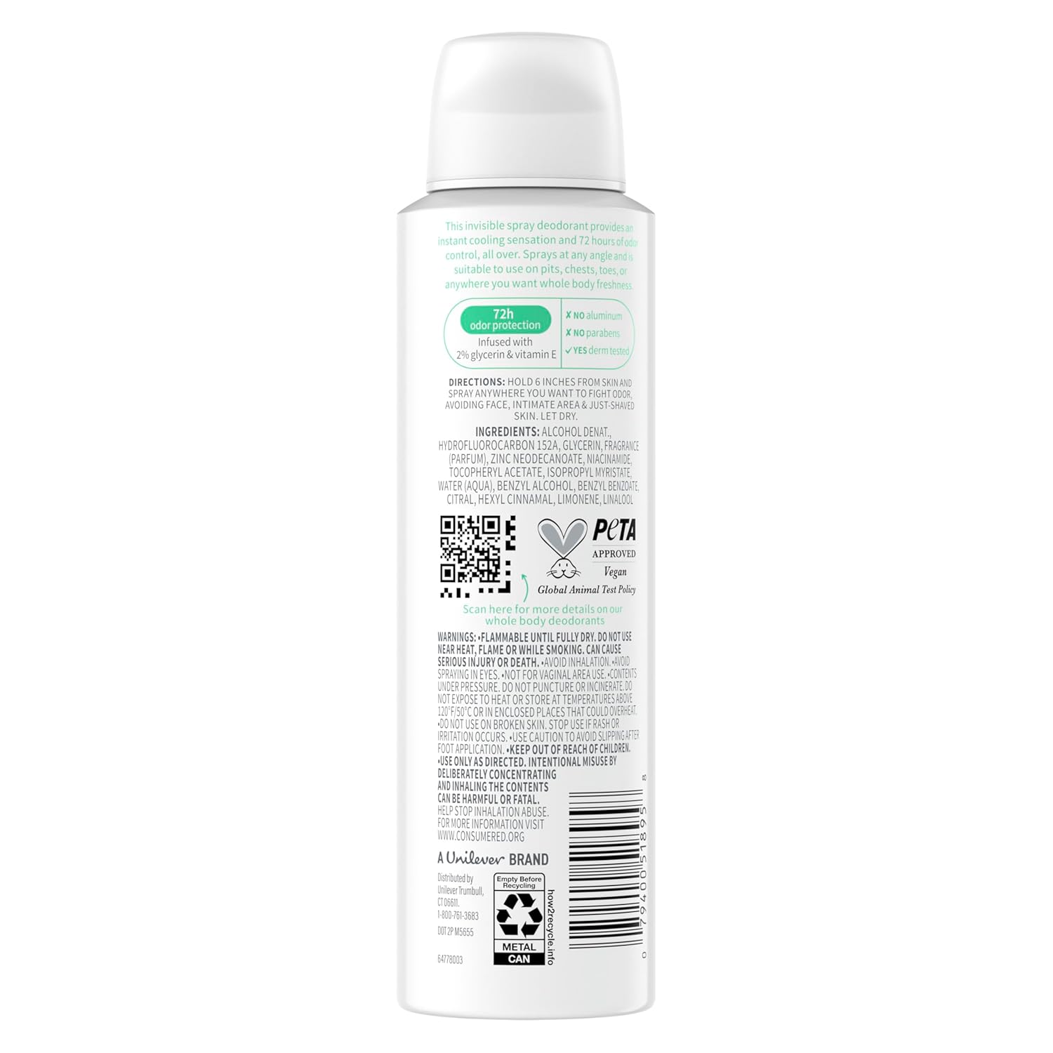Dove Whole Body Deodorant Cooling Spray Sage & Lavender Aluminum Free 4oz