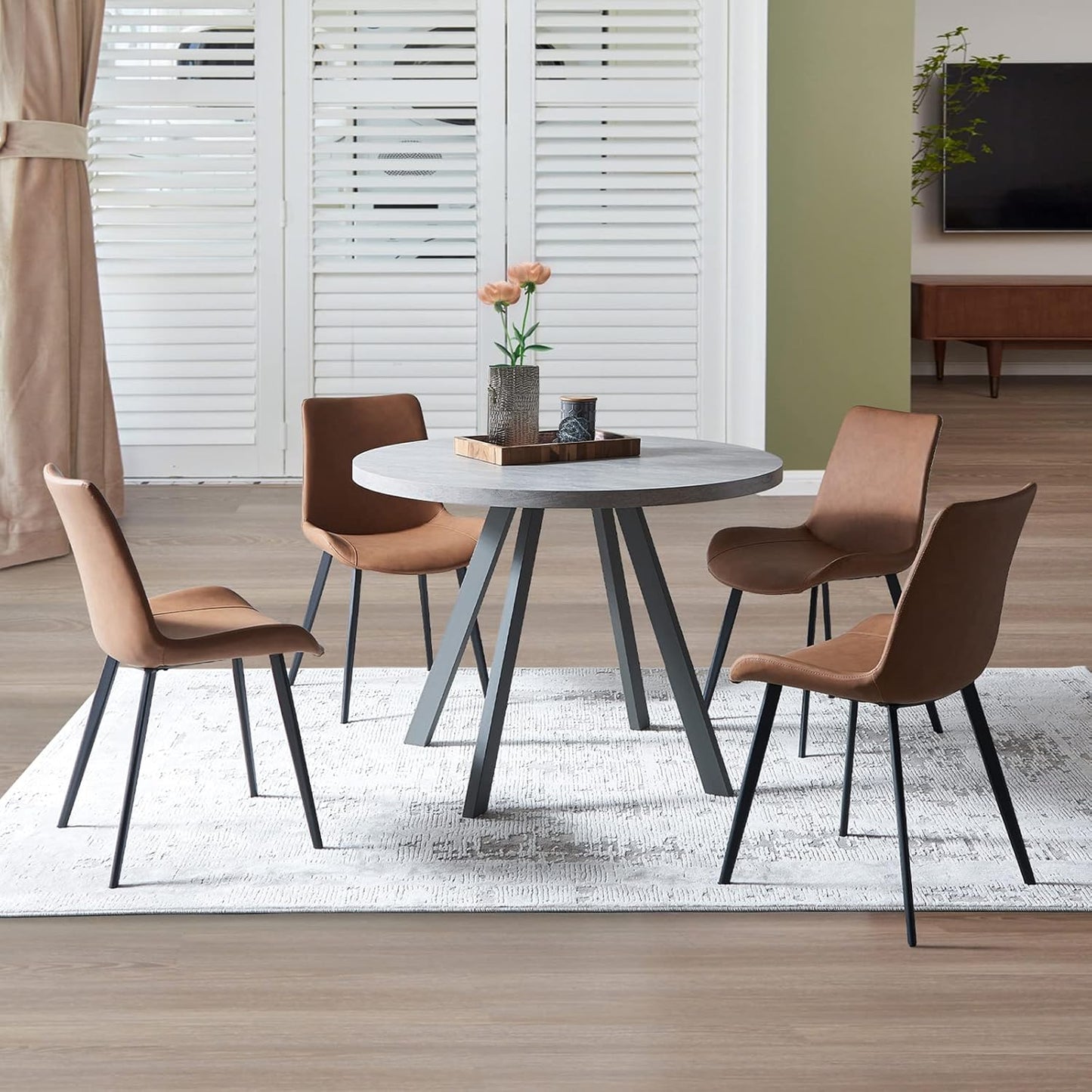 Dining Chairs Set of 4, Modern Kitchen & Dining Room Chairs, Upholstered Faux Leather Cushion Seat and Sturdy Metal Legs (4 Brown Chairs)