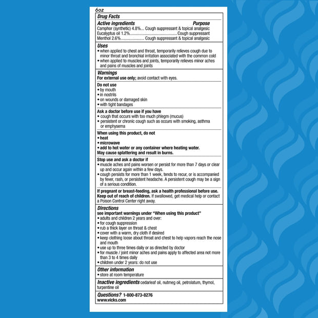 Vicks VapoRub, Original, Cough Suppressant, Topical Chest Rub & Analgesic Ointment, Medicated Vicks Vapors, Relief from Cough Due to Cold, Aches & Pains, 1.76oz each (pack of 3)