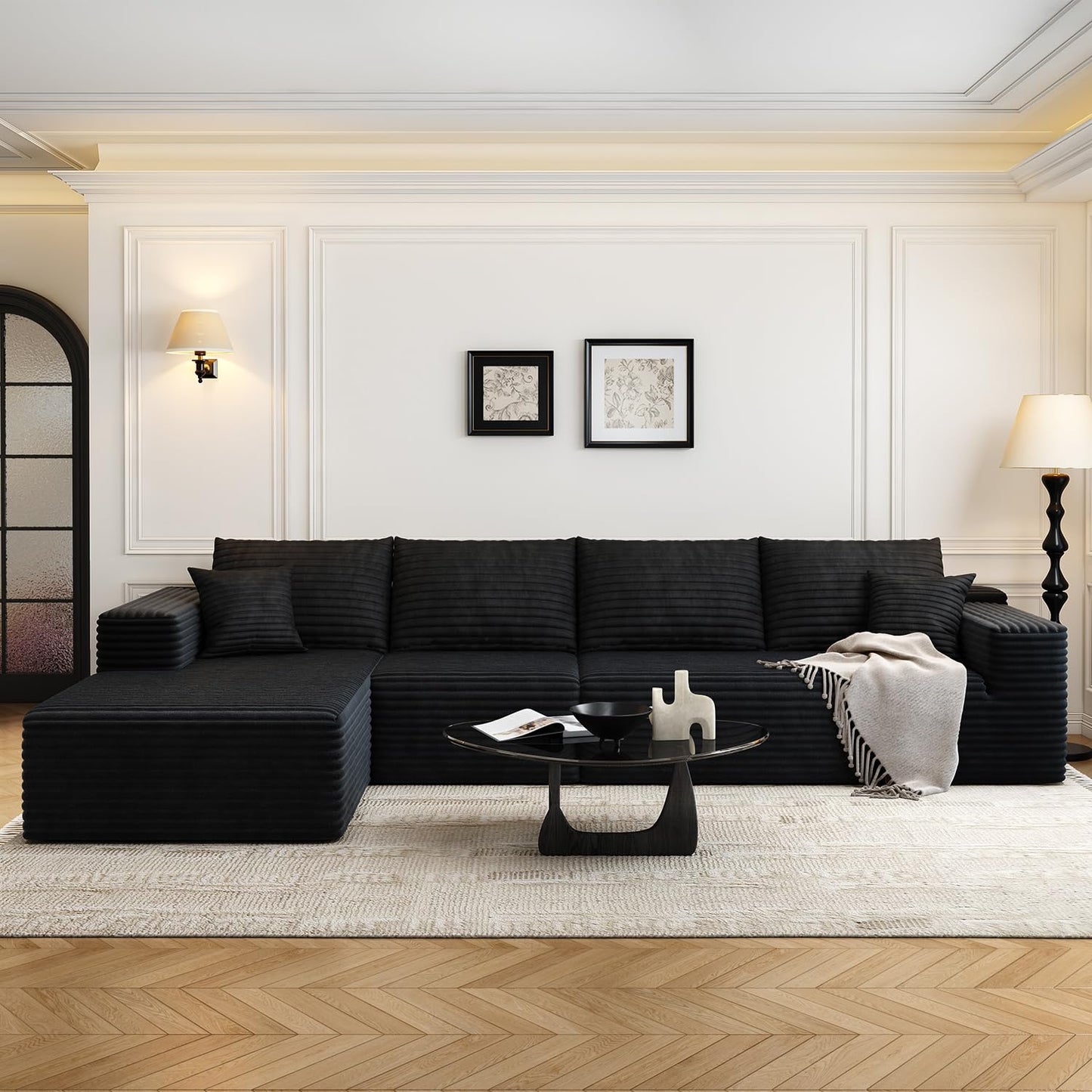 107.5" Cloud Modular Sectional Sofa with 1 Ottoman,Modern Minimalist Upholstered Couches, Comfort U Shaped Sofa for Living Room,Deep Seat Corner Couch，No Assembly Required (Black,Left Facing Chaise)