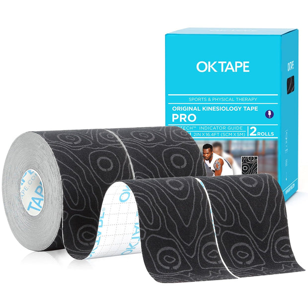 OK TAPE PRO Kinesiology Tape Uncut Roll, Elastic Physical Therapy Athletic Tape for Pain Relief, Muscle Support, Kinetic Tape, Water Resistant, 2in X 16.4ft -Black Gray 2 Rolls
