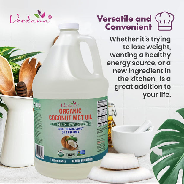 Verdana USDA Certified Organic Coconut MCT Oil –Fractionated Coconut Oil – No Palm Kernel Used – Kosher, Food Grade, Non-GMO – Great for Keto and Paleo Diets – 1Gallon
