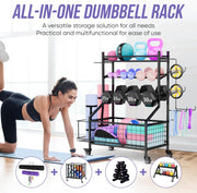WUC Dumbbell Rack, Adjustable Weight Rack for Home Gym Storage for Dumbbells Kettlebells Yoga Mat & Balls, All in One Workout Equipment Storage Rack with Wheels, Powder Coated Steel, Black