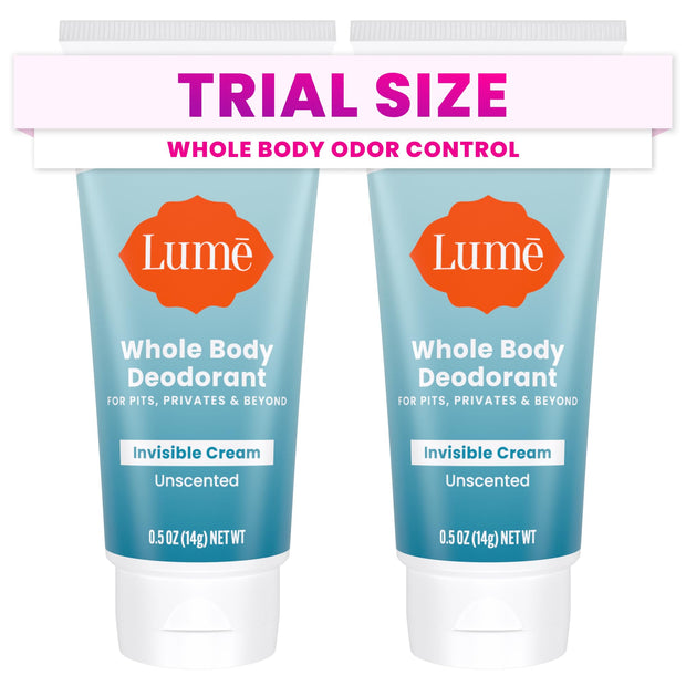 Lume Whole Body Deodorant - Mini Travel Size Invisible Cream Tube - Trial Size - 72 Hour Odor Control - Doctor Developed - Aluminum and Baking Soda Free - .5oz (Pack of 2) (Fresh Alpine & Unscented)
