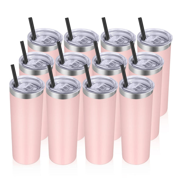 VEGOND Stainless Steel Tumblers Bulk 12 Pack, 20 oz Vacuum Insulated Skinny Tumblers with Lids and Straws, Double Wall Coffee Mug, Travel Water Cup, White