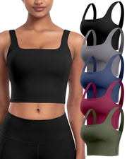 Womens Sports Bras 5 Packs - Square Neck Longline Workout Crop Tank Tops Padded Yoga Camisole with Built in Pads
