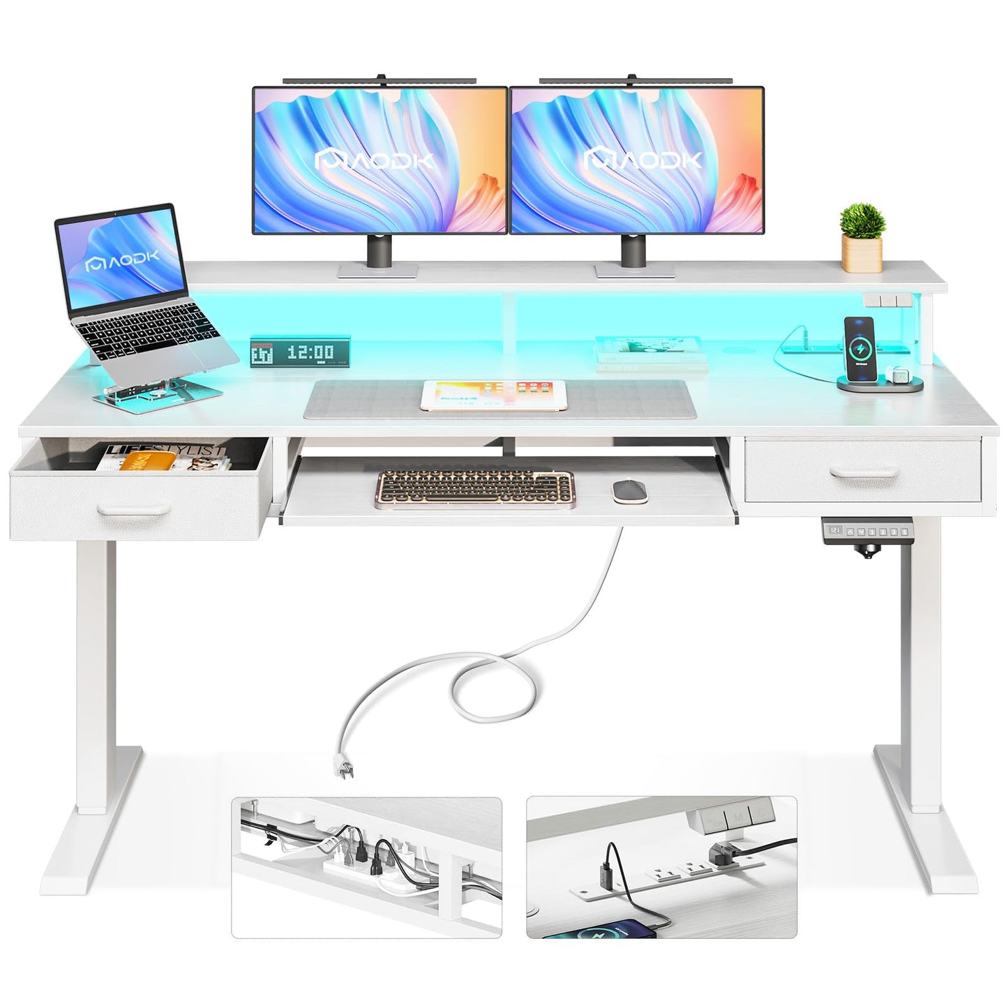 AODK Electric Standing Desk with Drawers & Keyboard Tray, 55 Inch Height Adjustable Gaming Desk with Power Outlets & LED Lights, Sit Stand Table with Monitor Stand for Home, Office, Rustic Brown