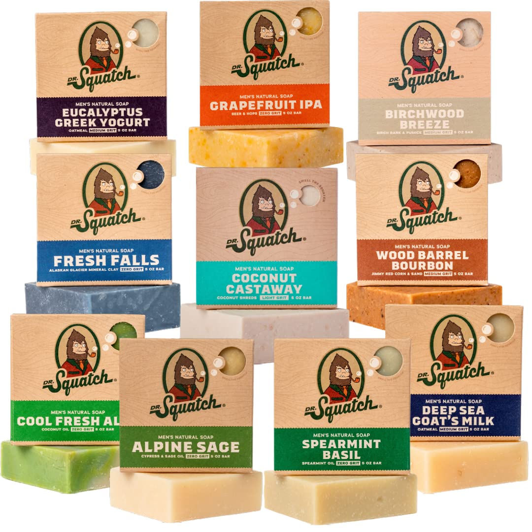 Dr. Squatch Natural Bar Soap for Men Variety Gift Set - Cold Process No Harsh Chemicals - Pine Tar, Bay Rum, Grapefruit IPA, Cool Fresh Aloe, Goat's Milk & more (5 oz, 10-Pack)