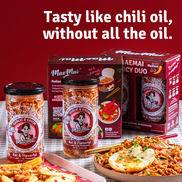 MaeMai Chili Crisp (MEDIUM HOT Spice) - Non-Oily Chili Crisp Topper, Rice Seasoning, Ramen Topper, Furikake, Umami Onion & Garlic Flakes | 4.41oz (125g) Resealable Bottle