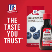 McCormick Blueberry Extract with Other Natural Flavors, Distinctive, Sweet Blueberry Flavor and Aroma for Baking Cookies, Cake, and Muffins, and Beverages Like Lemonade, Mocktails, and Smoothies, 1 fl oz