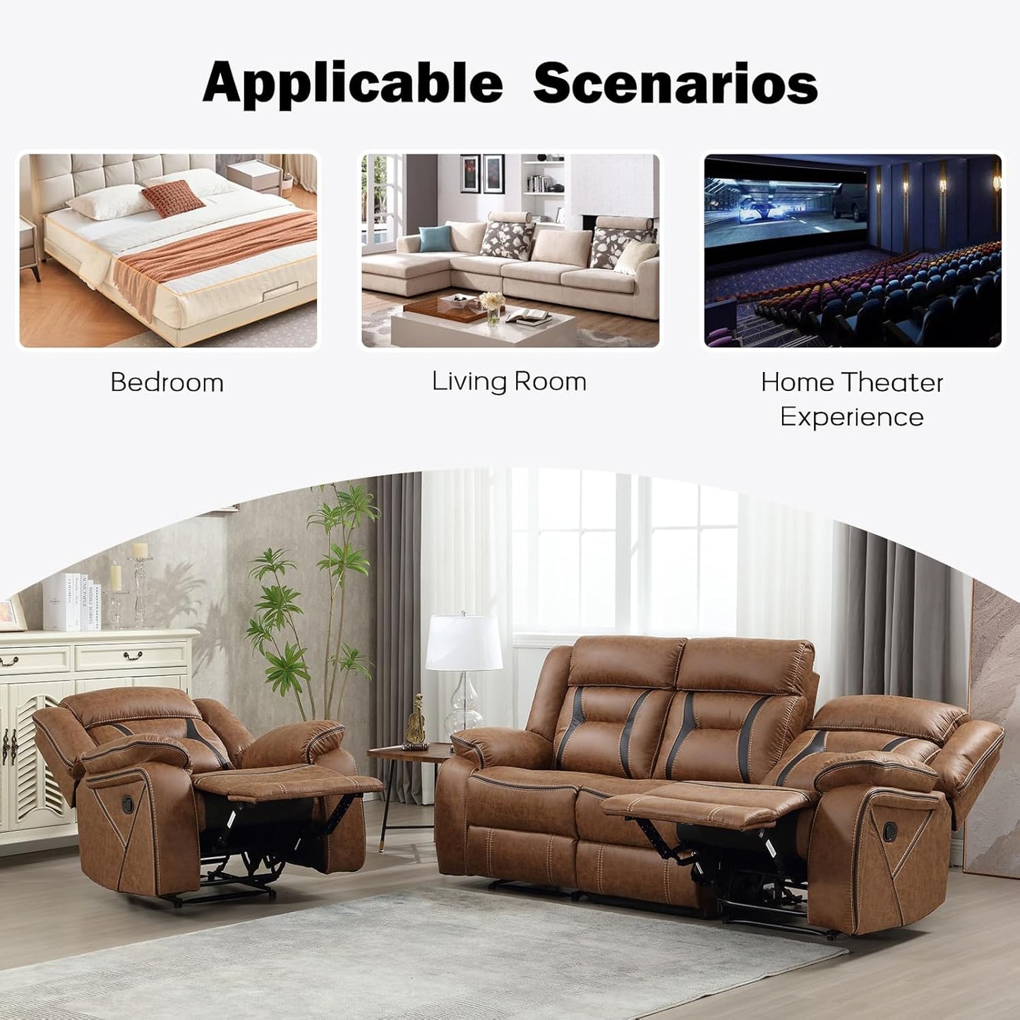 Faux Leather Recliner Sofa Furniture Set for Living Room, 2 Recliner Chairs, 3 Seat Reclining Sofa Couch Set for Meeting Room, Brown