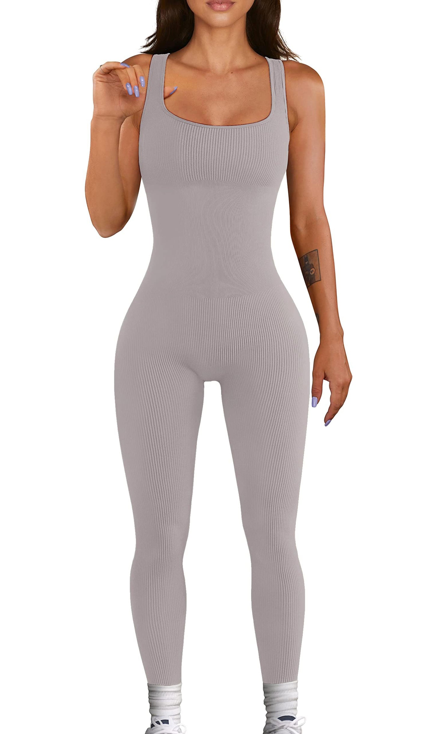 Women Workout Seamless Jumpsuit Yoga Ribbed Bodycon One Piece Tank Top Leggings Romper
