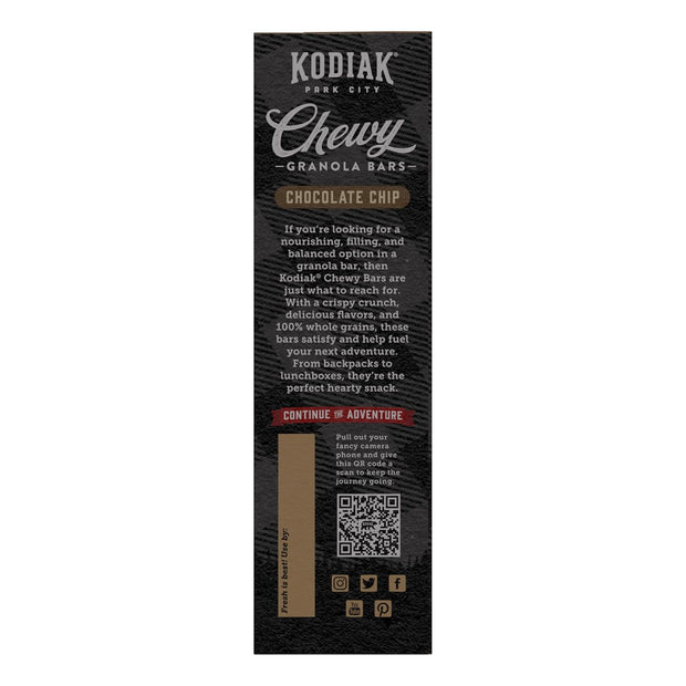 Kodiak Cakes Chewy Granola Snack Bars, Chocolate Chip, High Protein, 100% Whole Grains, 12 boxes with 5 bars each (60 bars total)