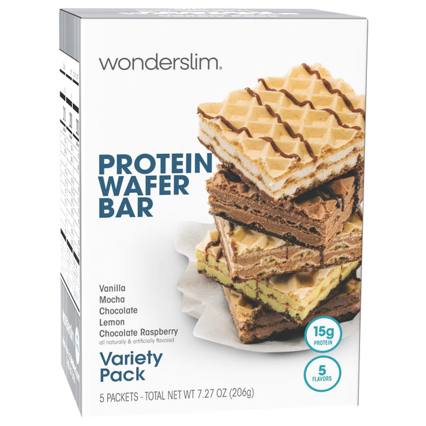 WonderSlim Protein Wafer Snack Bar, Variety Pack, 15g Protein, 5 Flavors, 0mg Cholesterol (5ct)
