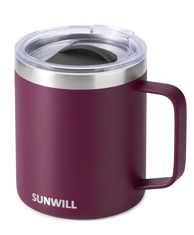 SUNWILL Insulated Coffee Mug with Lid, Travel Tumbler with Handle, 14 oz Stainless Steel Cup for Camping, Office, Home, Powder Coated White