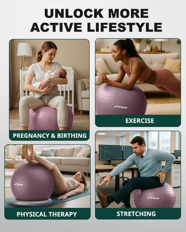 Trideer Exercise Yoga Ball Chair with Base for Home Office Desk, Stability & Fitness Ball Seat to Relieve Back Pain, Home Gym Workout for Abs, Pregnancy Ball with Pump